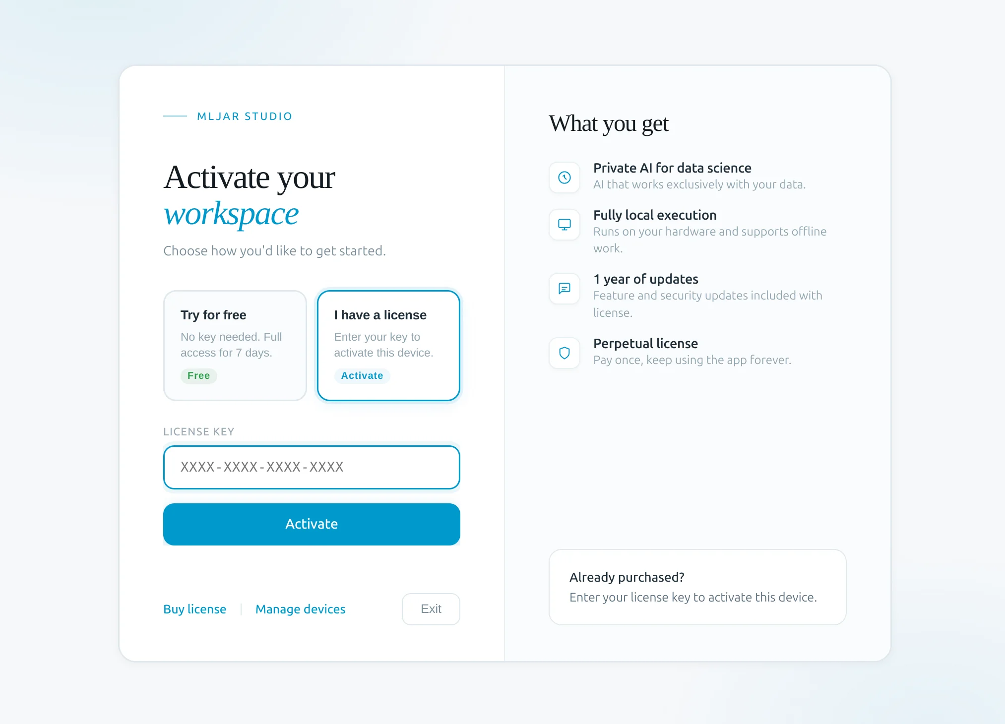 Activate license in MLJAR Studio