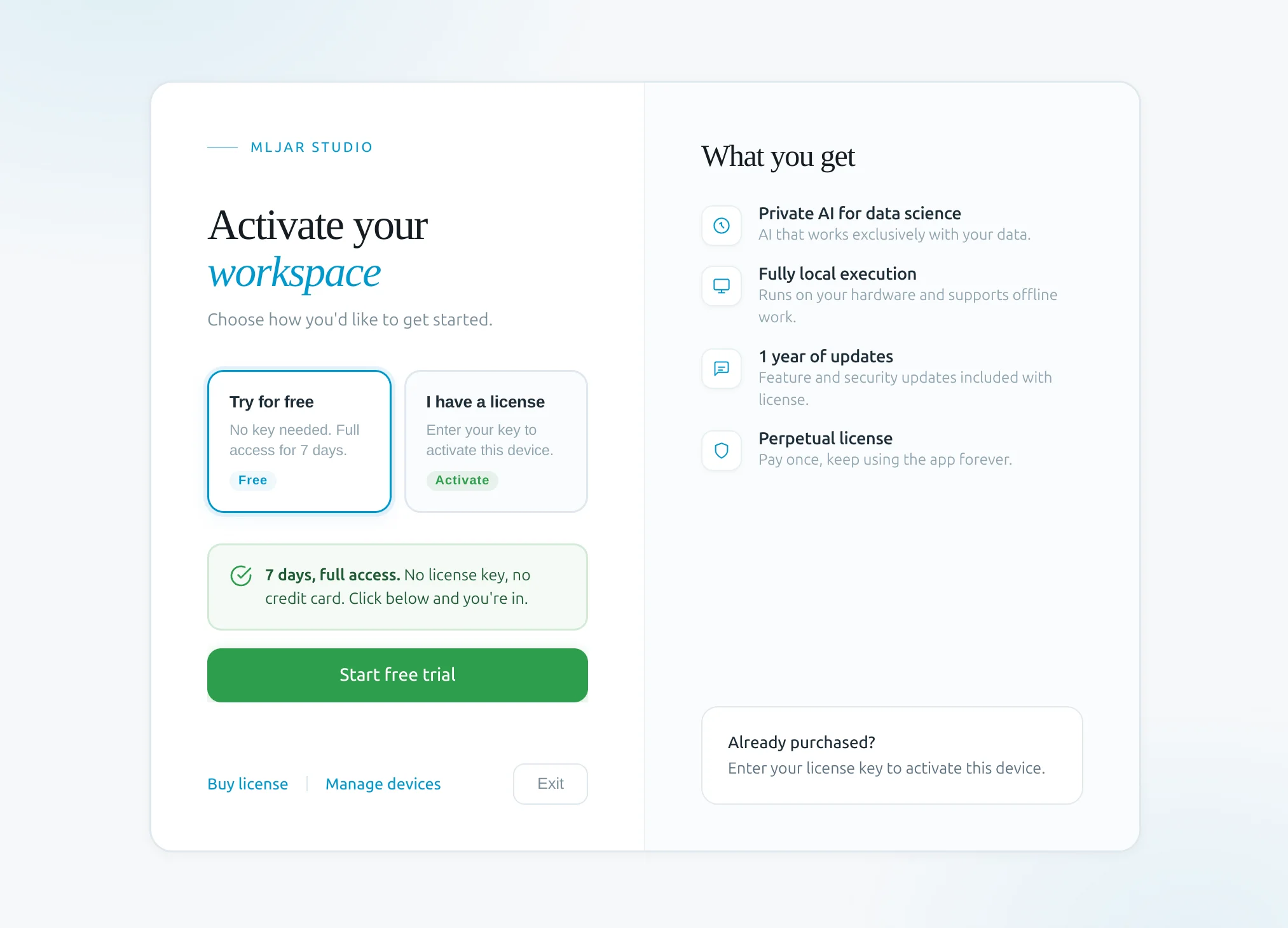 Activate trial in MLJAR Studio