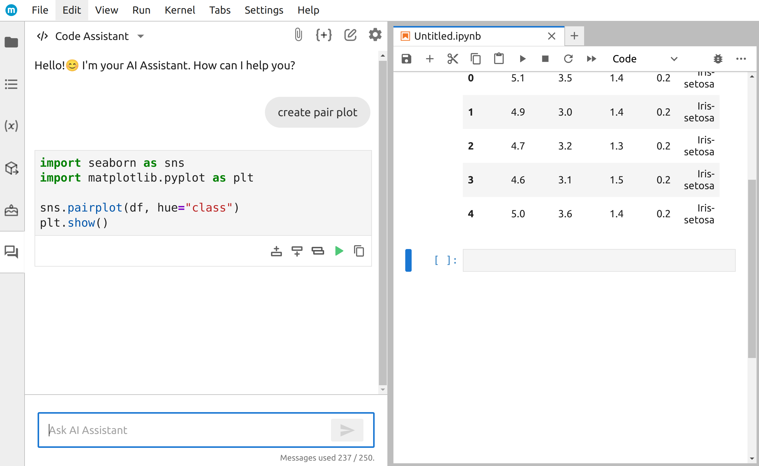 MLJAR Studio classic notebook with AI assistant in the sidebar