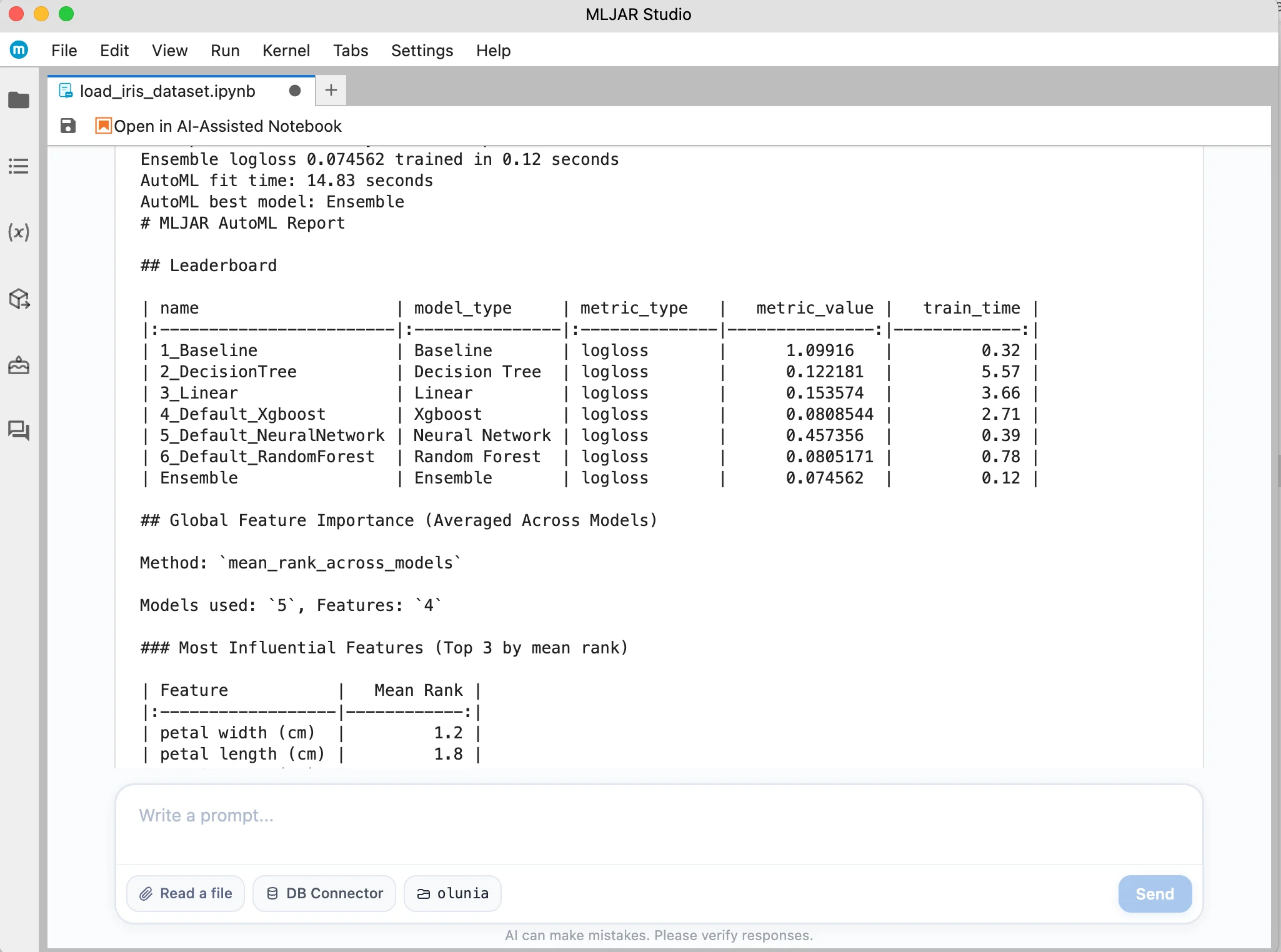 AutoML report in a conversational notebook