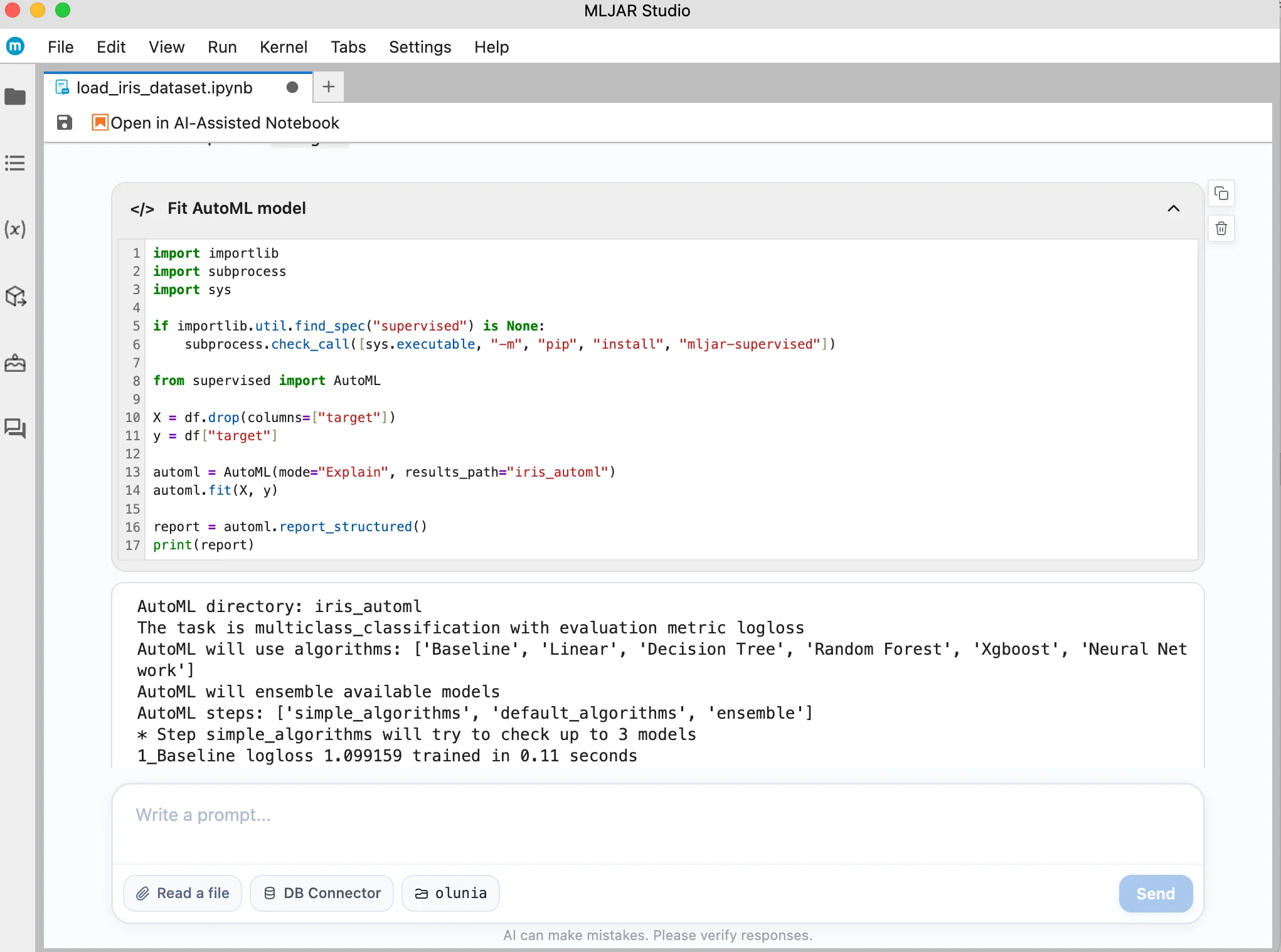 Generated AutoML training code in a conversational notebook