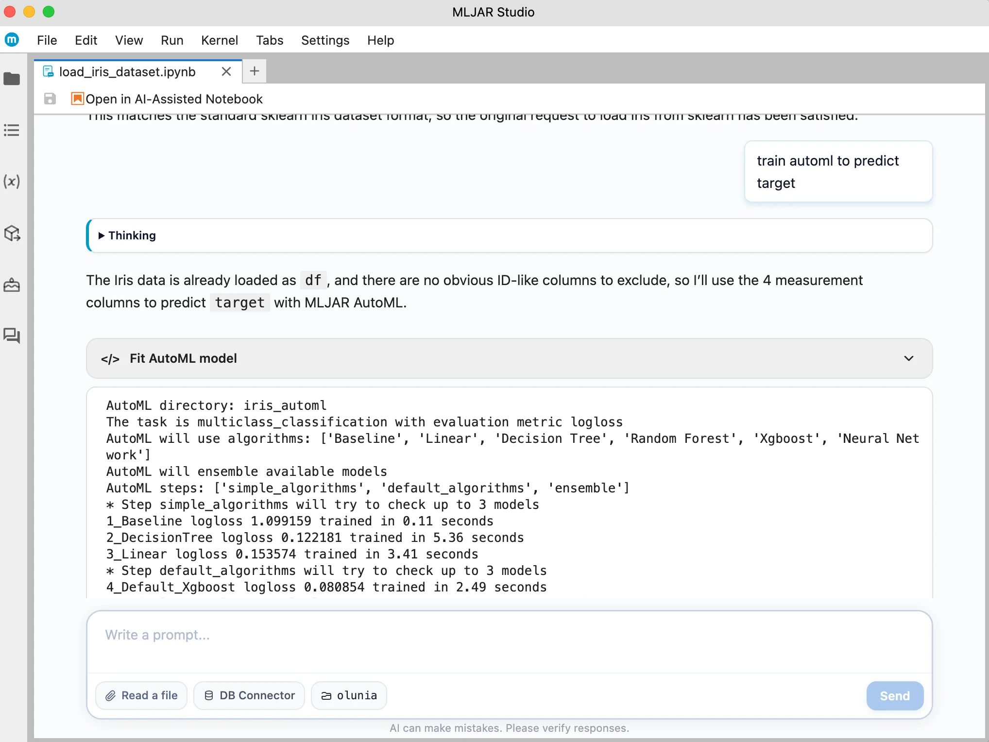 Training AutoML in a conversational notebook