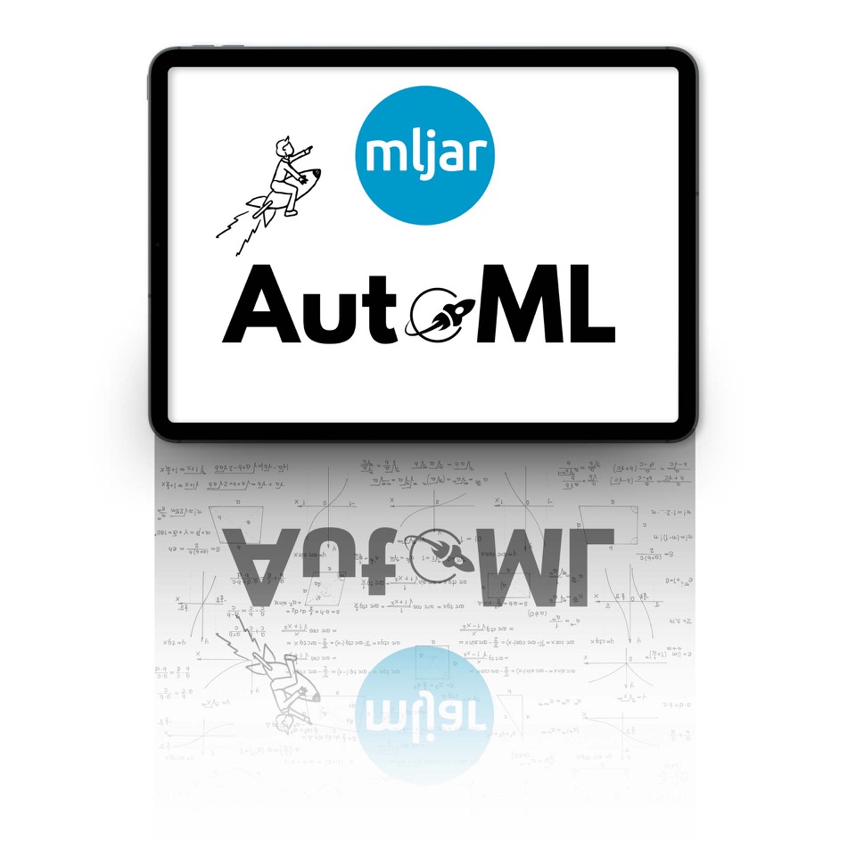 AutoML logo on screen and mirror reflaction beneath with mathematical formulas and graphs