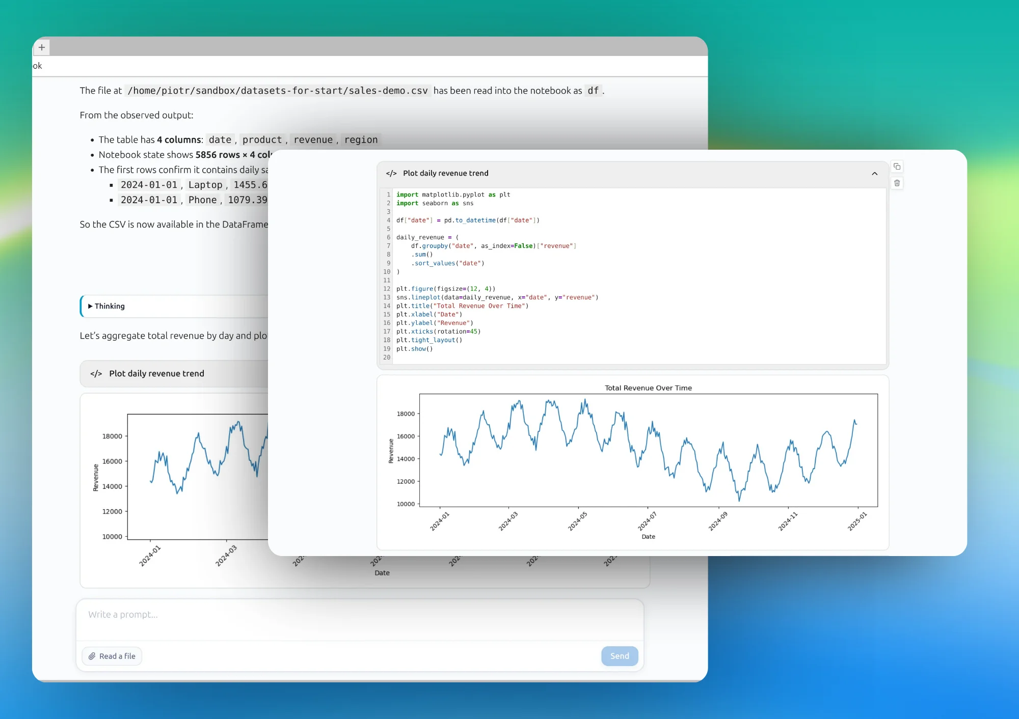 AI Data Analyst code preview and notebook output saved locally