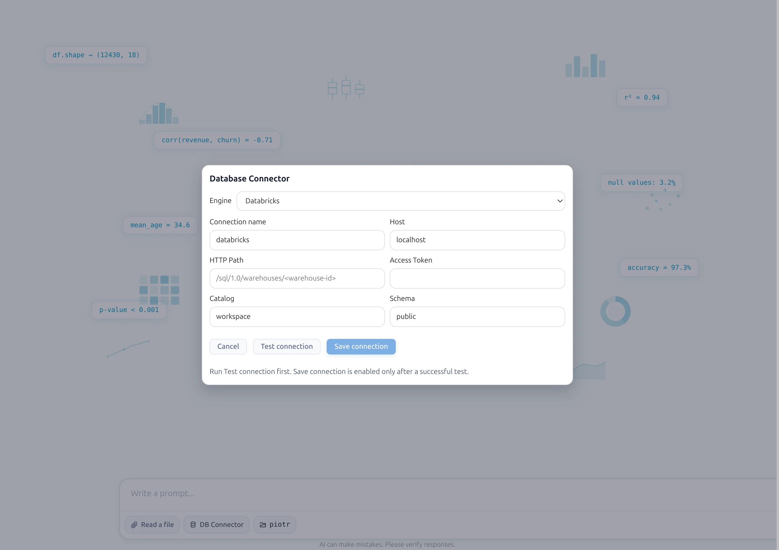 Databricks connector form in MLJAR Studio AI Data Analyst