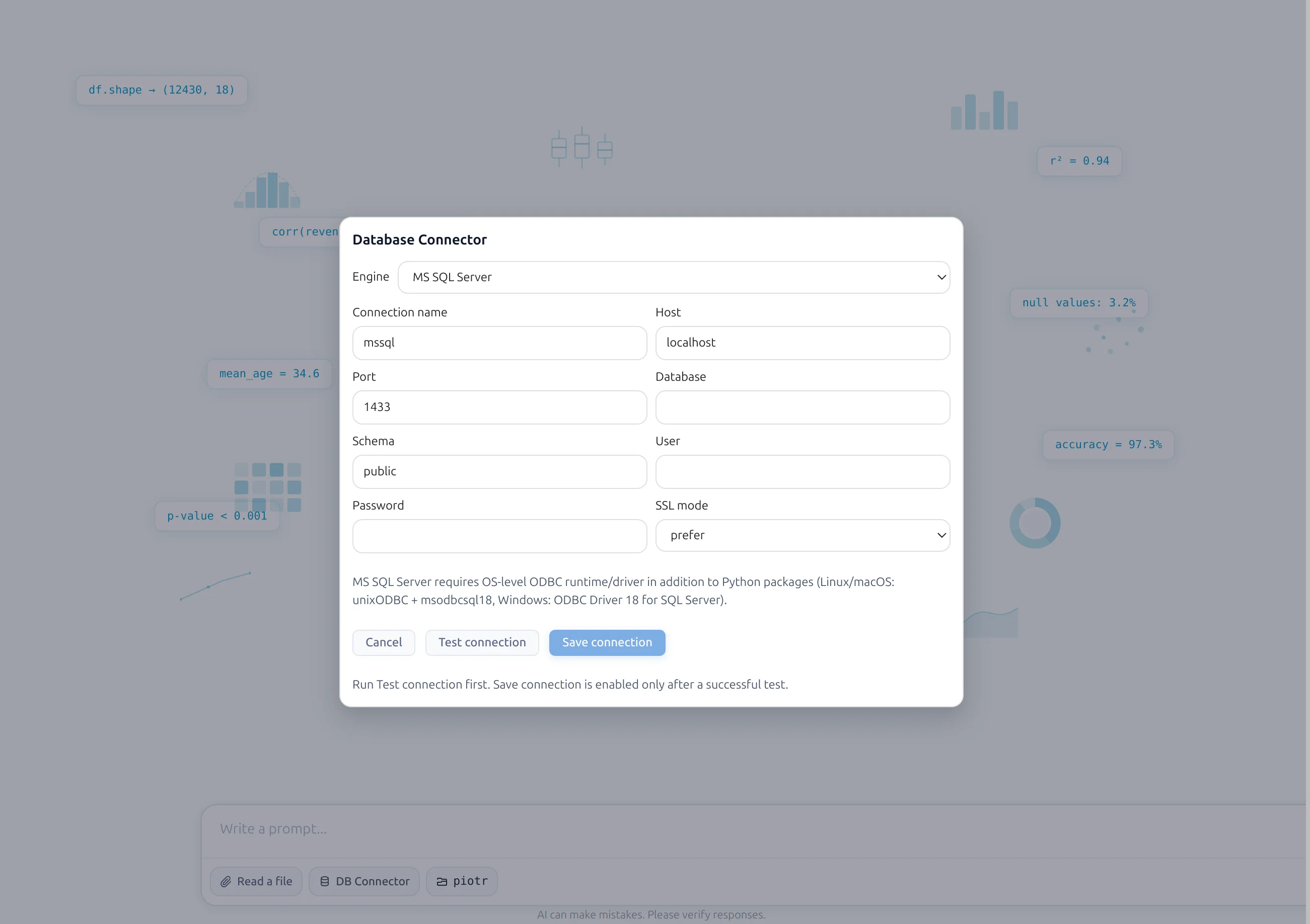SQL Server connector form in MLJAR Studio AI Data Analyst