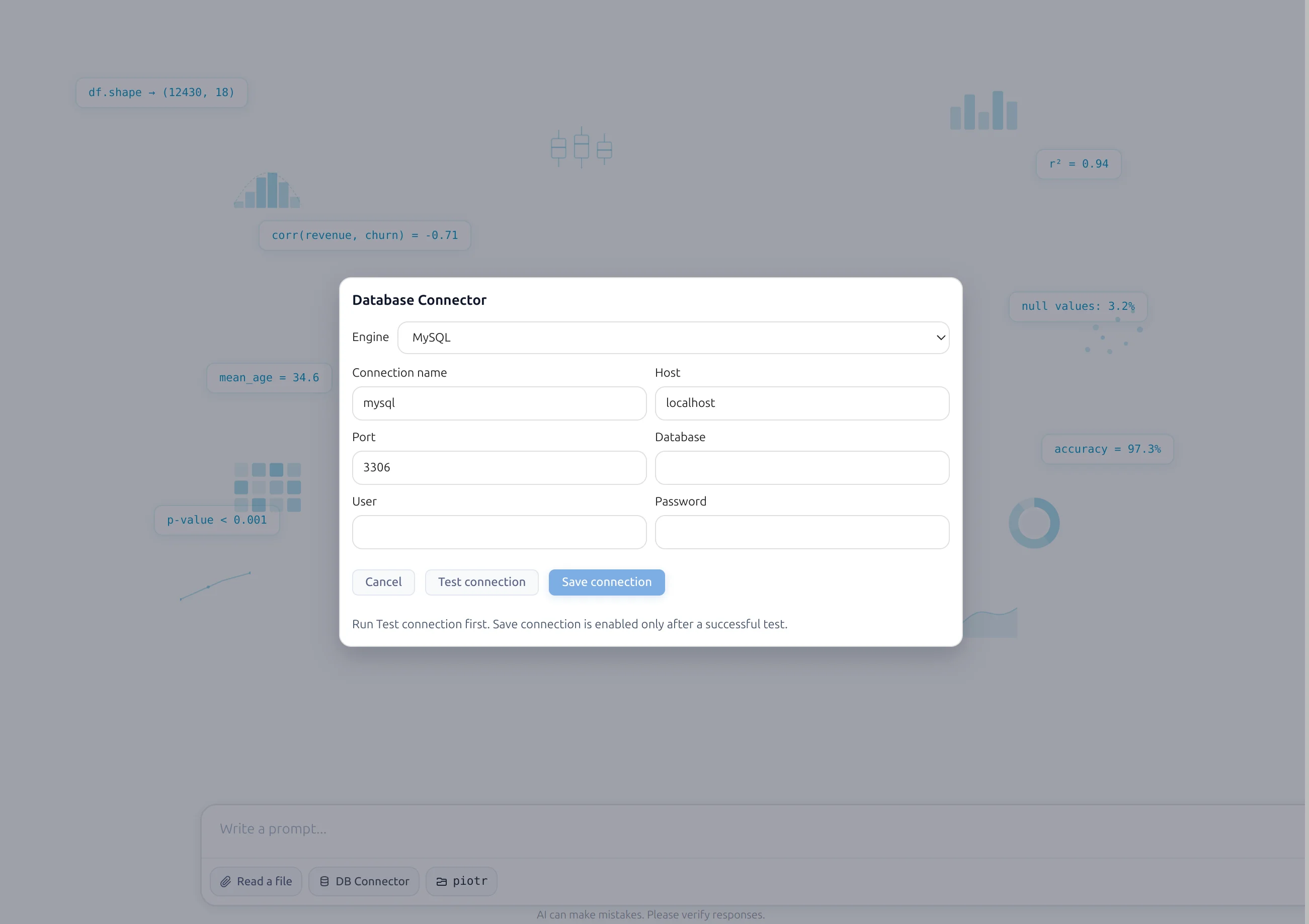 MySQL connector form in MLJAR Studio AI Data Analyst