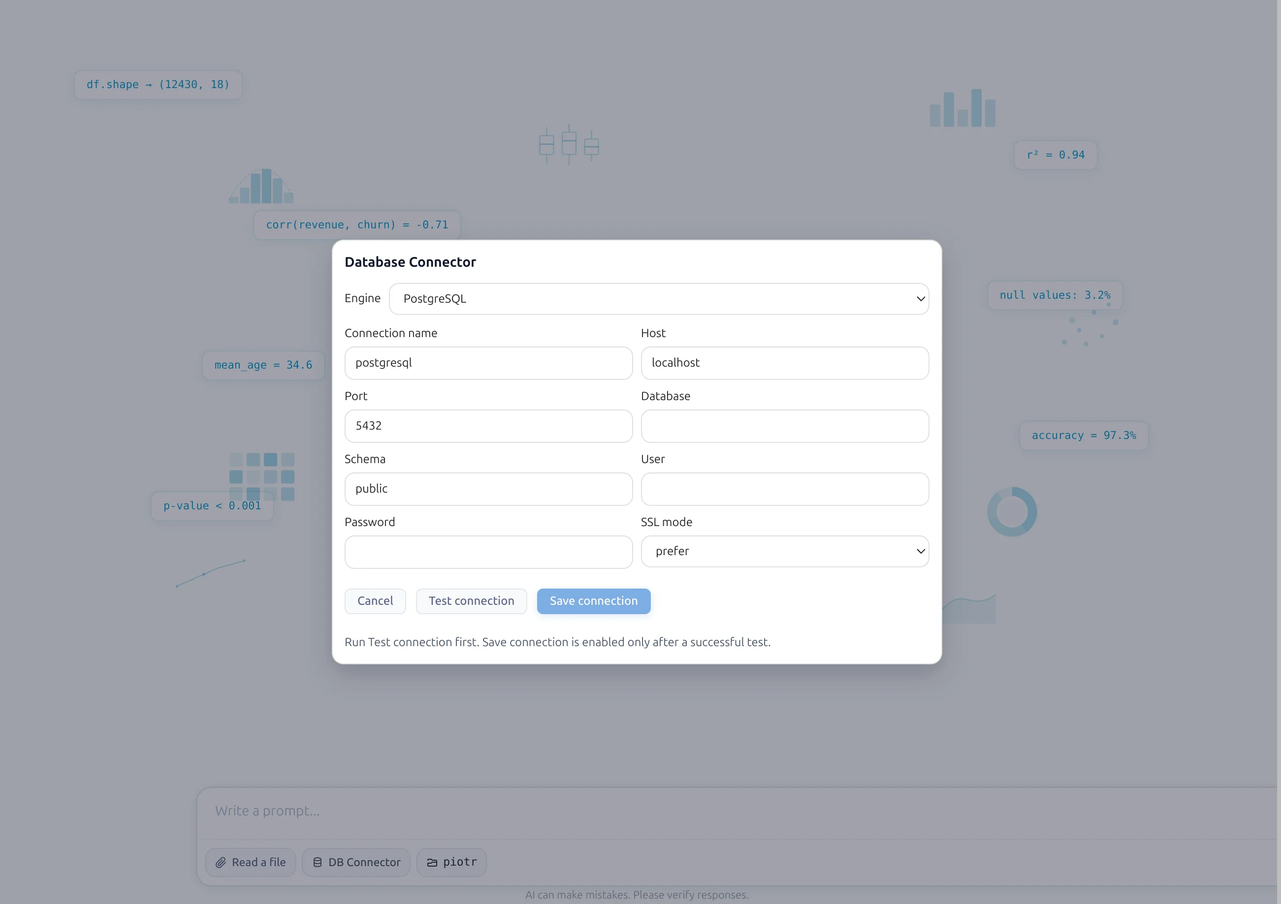 PostgreSQL connector form in MLJAR Studio AI Data Analyst