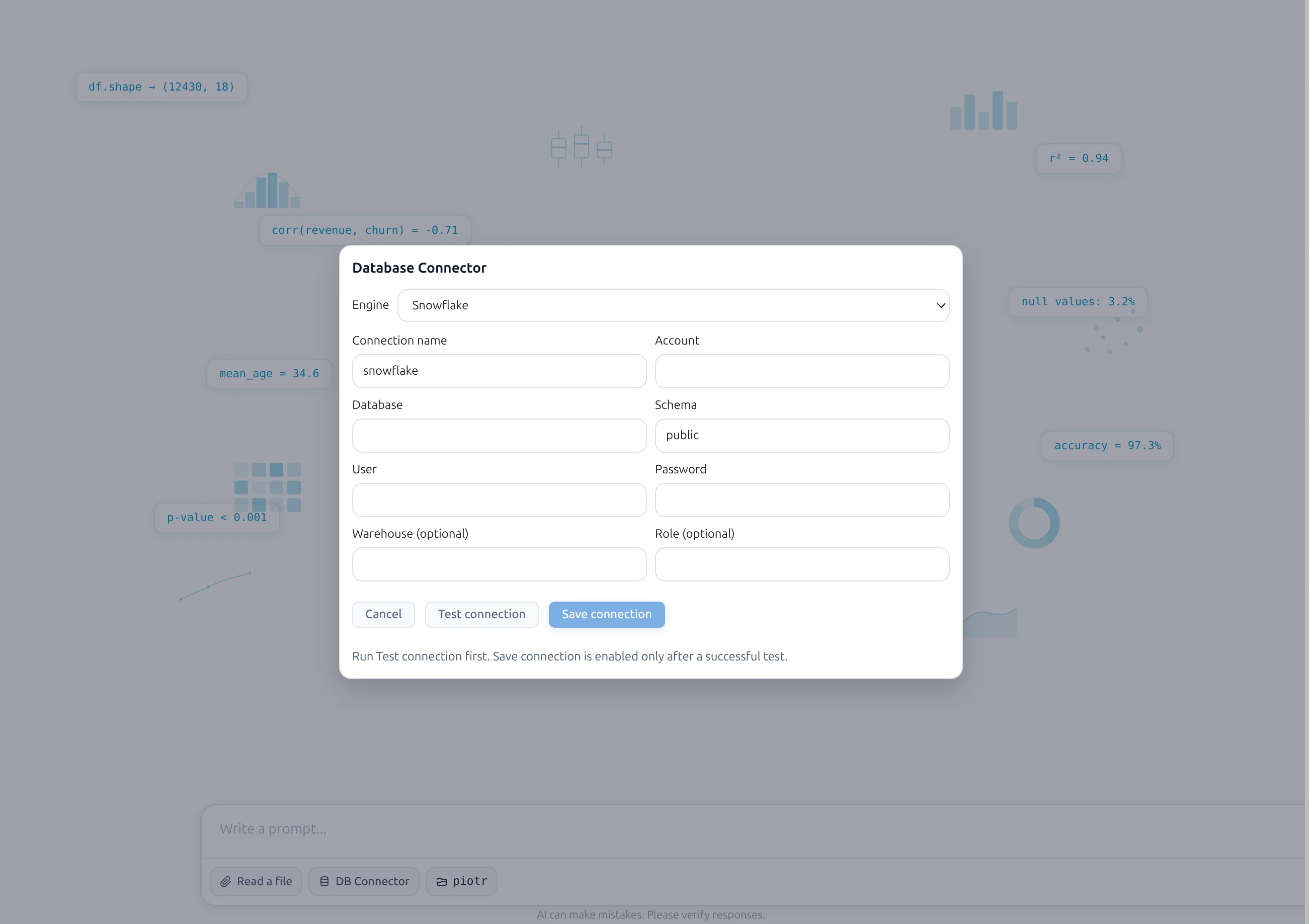 Snowflake connector form in MLJAR Studio AI Data Analyst
