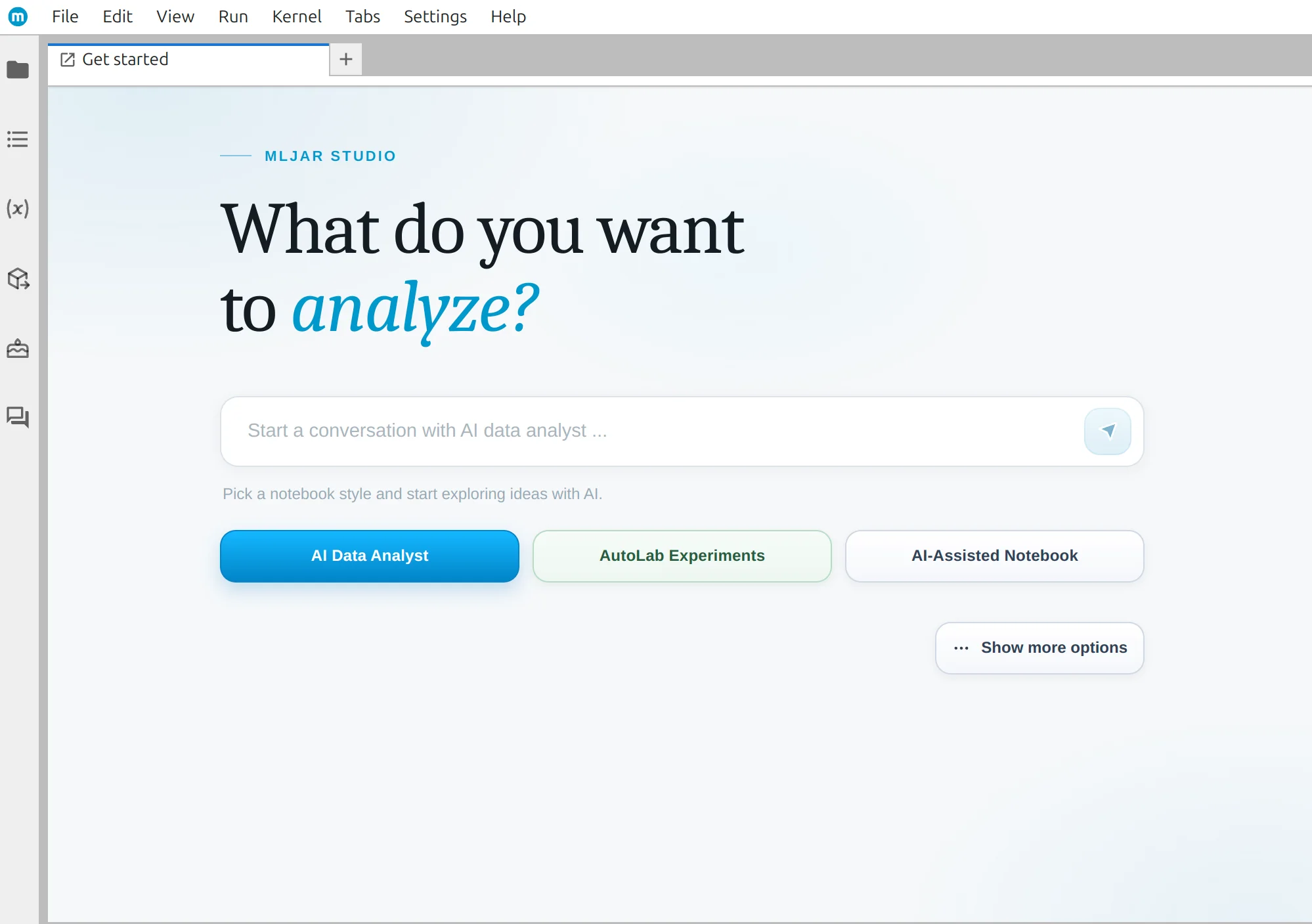 Get started screen in MLJAR Studio