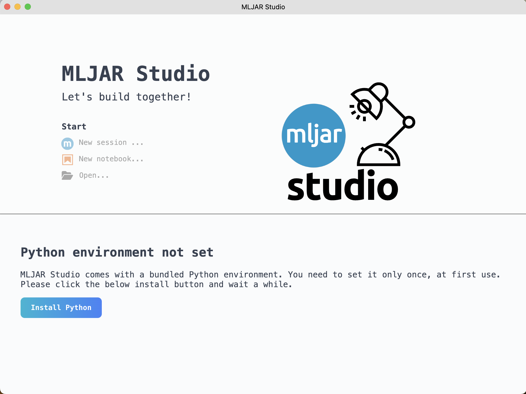 MLJAR Studio install Python screen