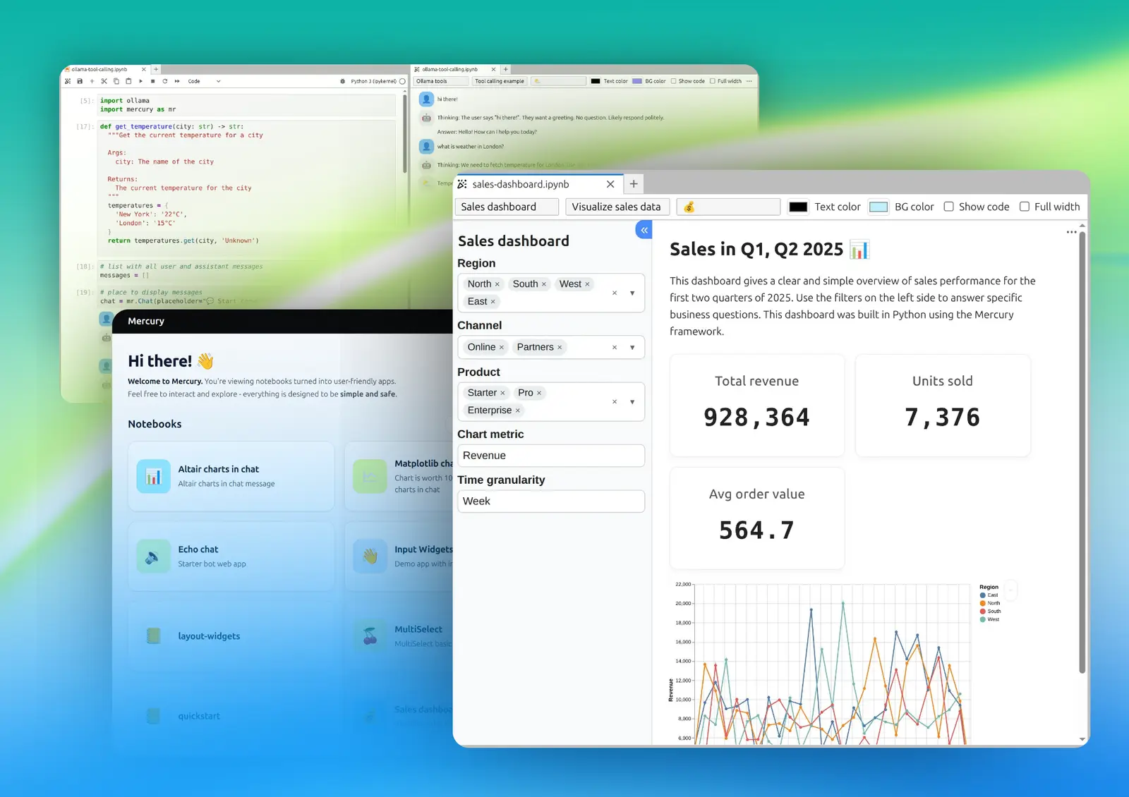 MLJAR Mercury interface showing a Python notebook transformed into an interactive web app for sharing analysis