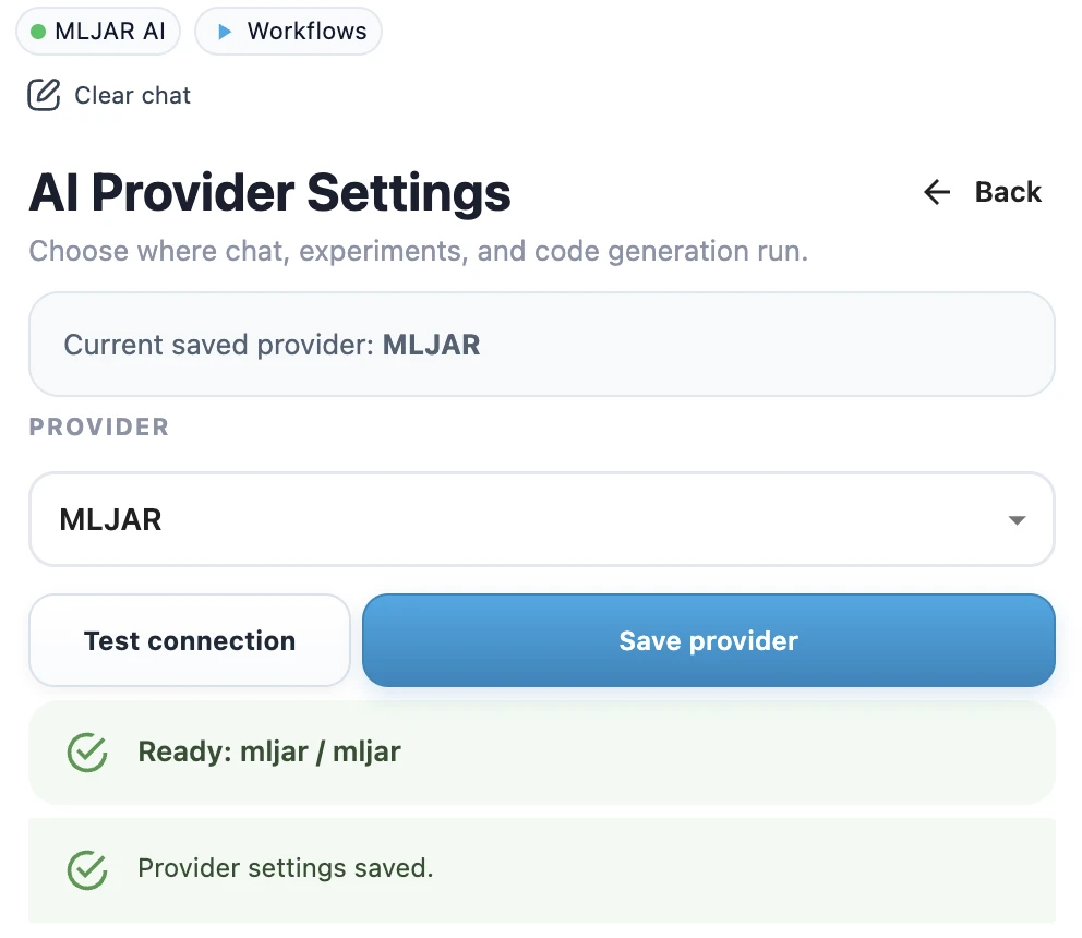MLJAR AI provider configuration in MLJAR Studio
