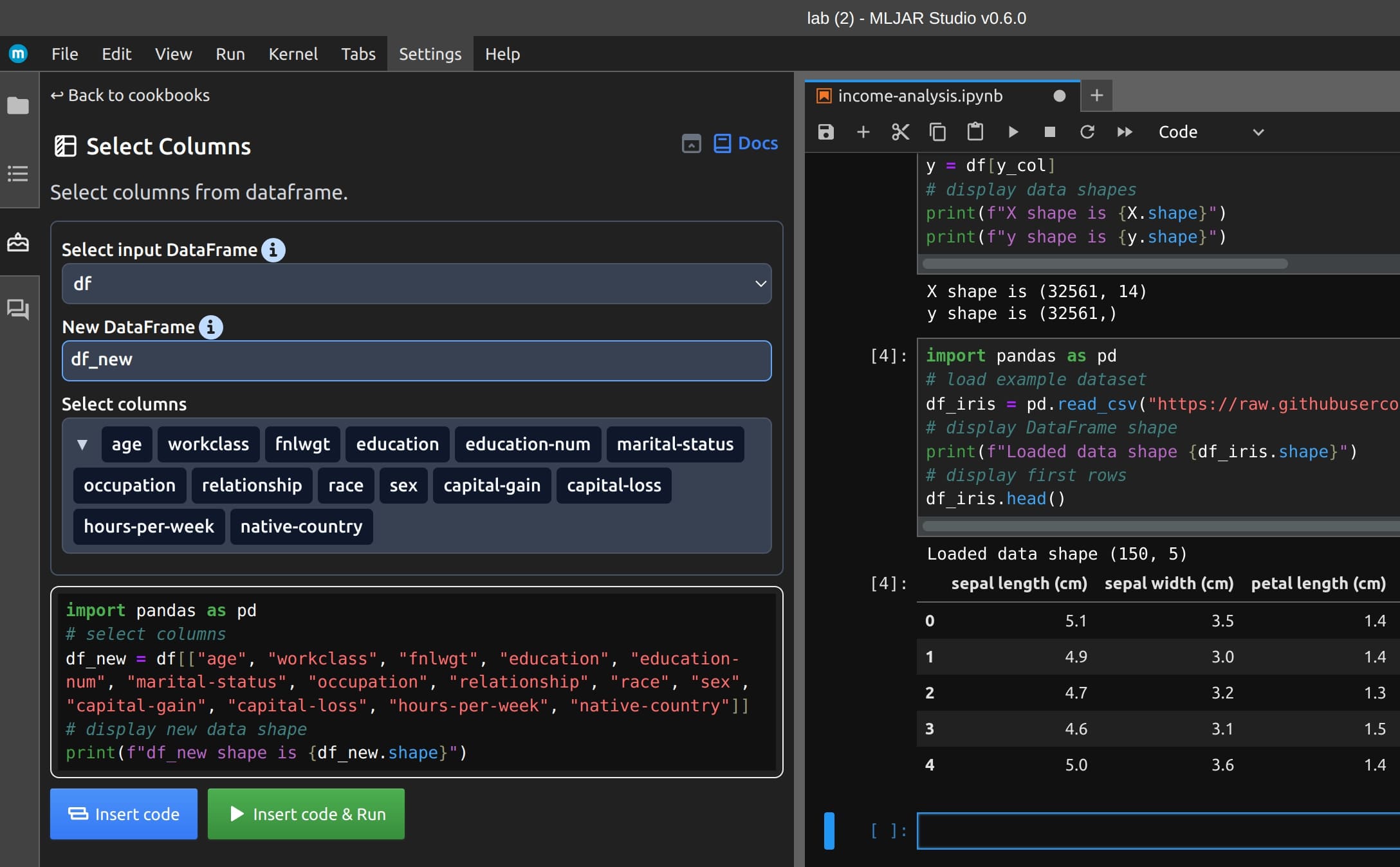 Code recipes with GUI for data analysis