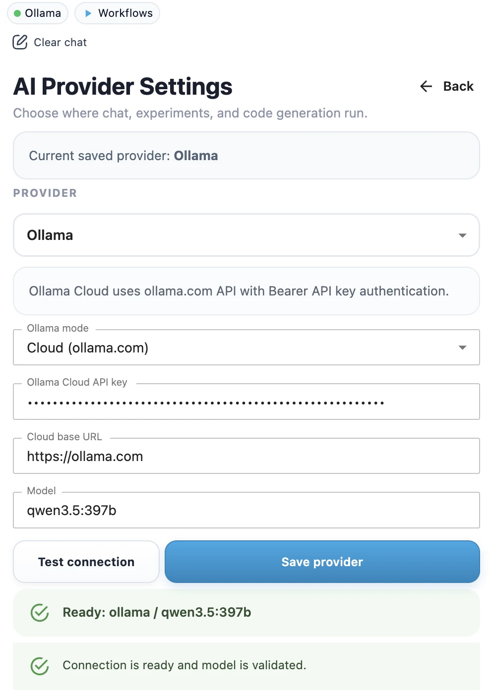 Ollama cloud LLM provider configuration in MLJAR Studio