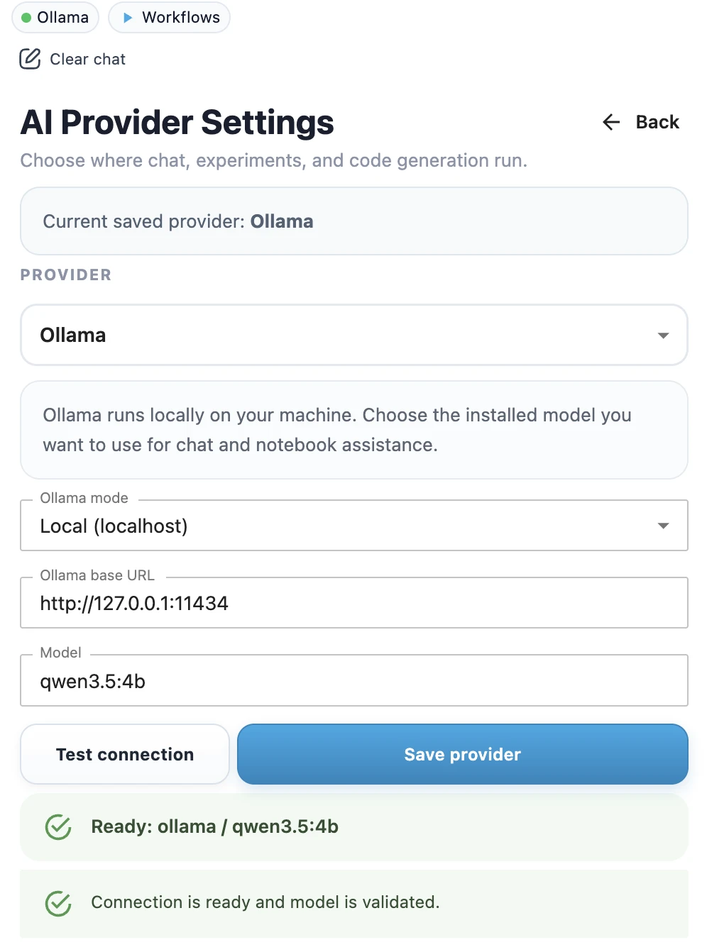 Ollama local LLM provider configuration in MLJAR Studio