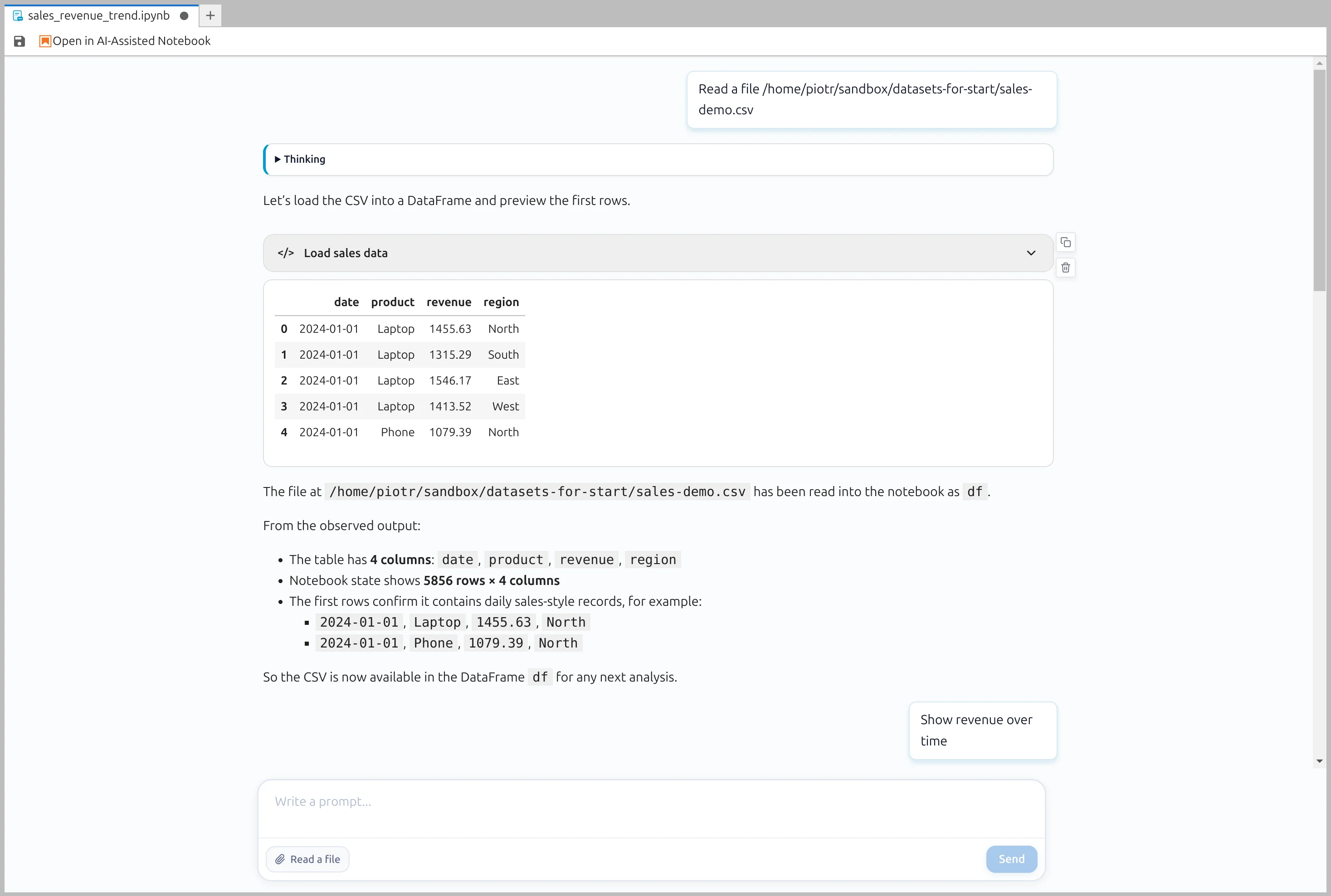 AI Data Analyst loading a local file in MLJAR Studio