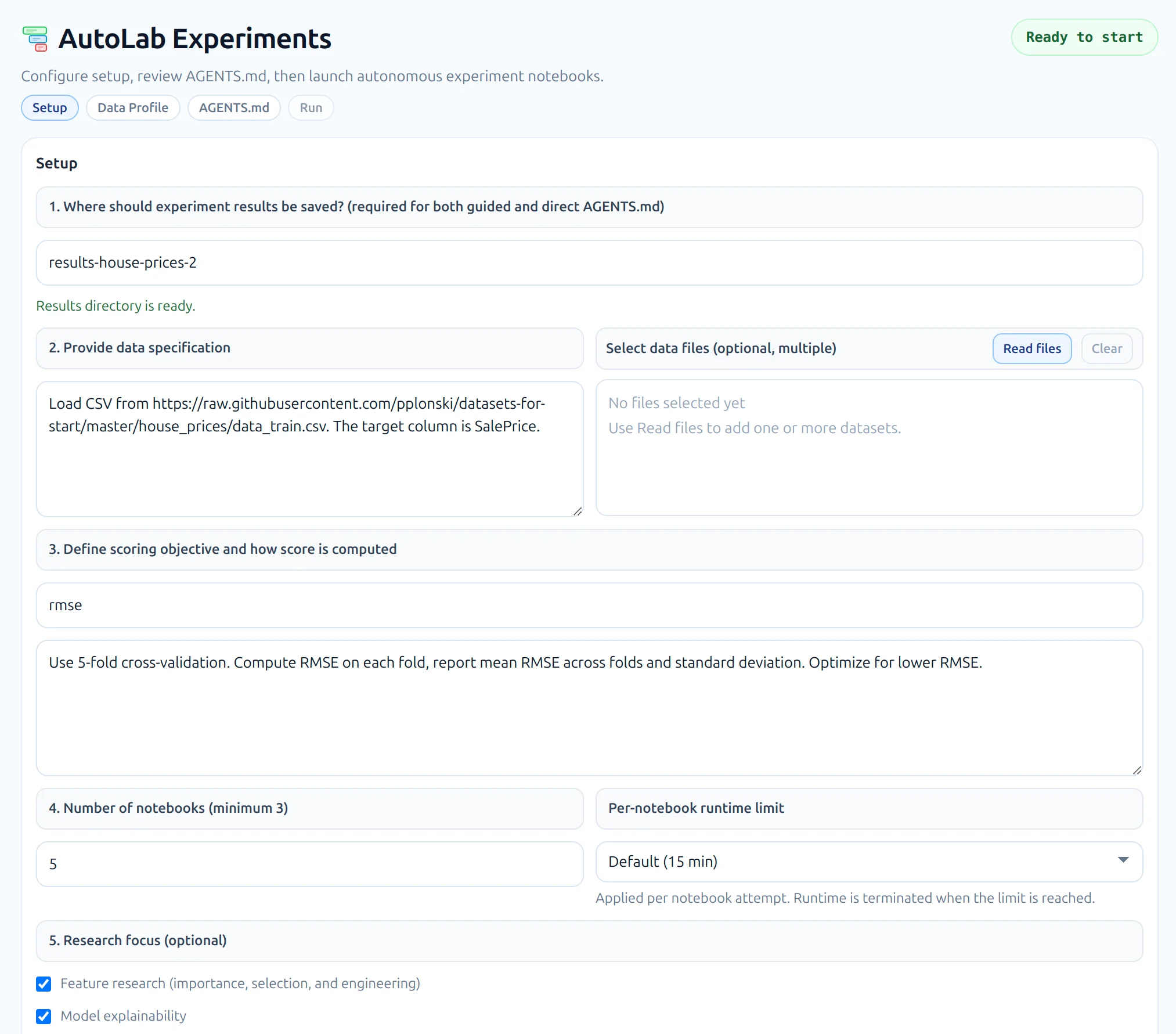 AutoLab setup form with dataset and metric configuration