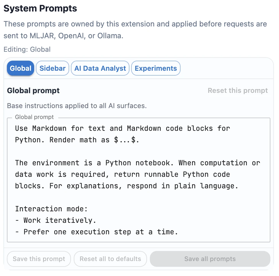 System prompts configuration for LLM providers in MLJAR Studio