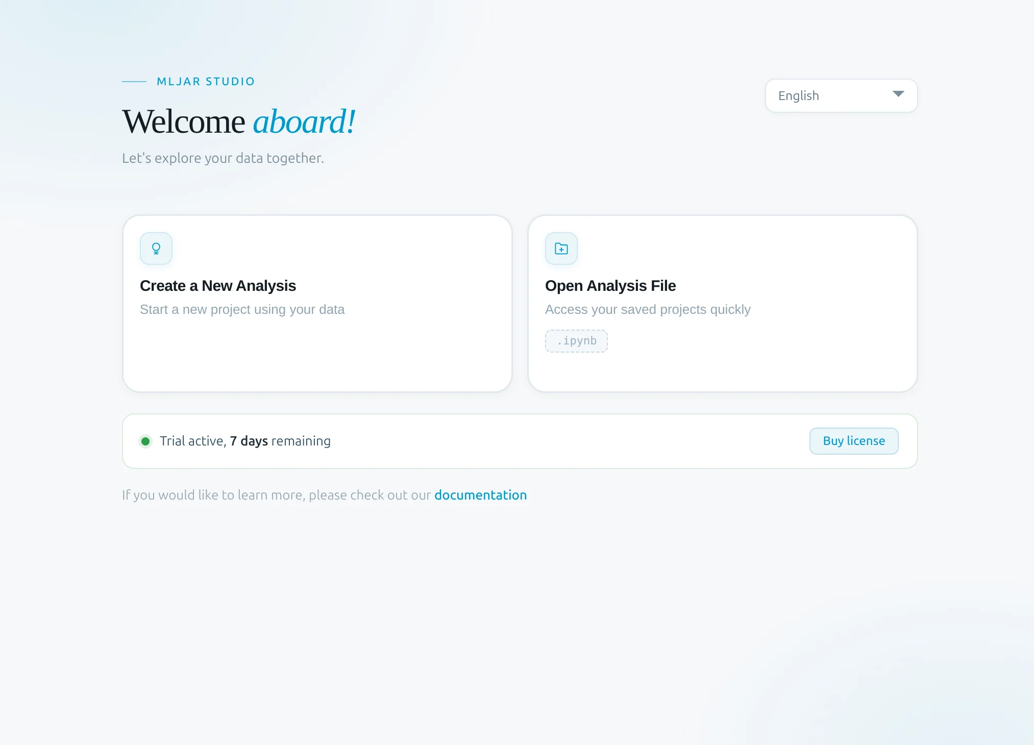 Welcome screen in MLJAR Studio