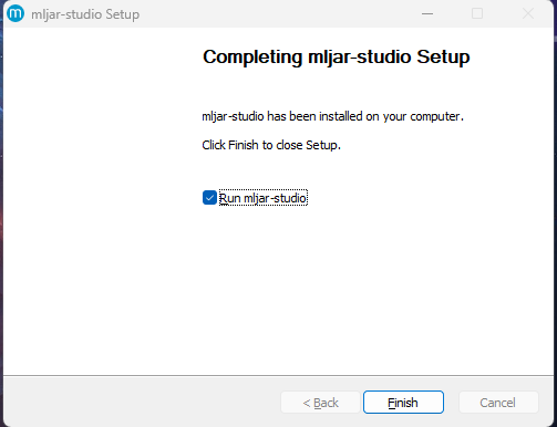 MLJAR Studio finish windows installation