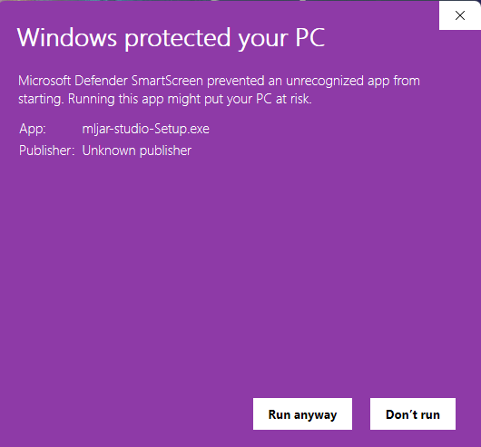 MLJAR Studio installation warning with Run anyway button