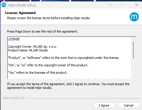 MLJAR Studio installation screenshot with license agreement