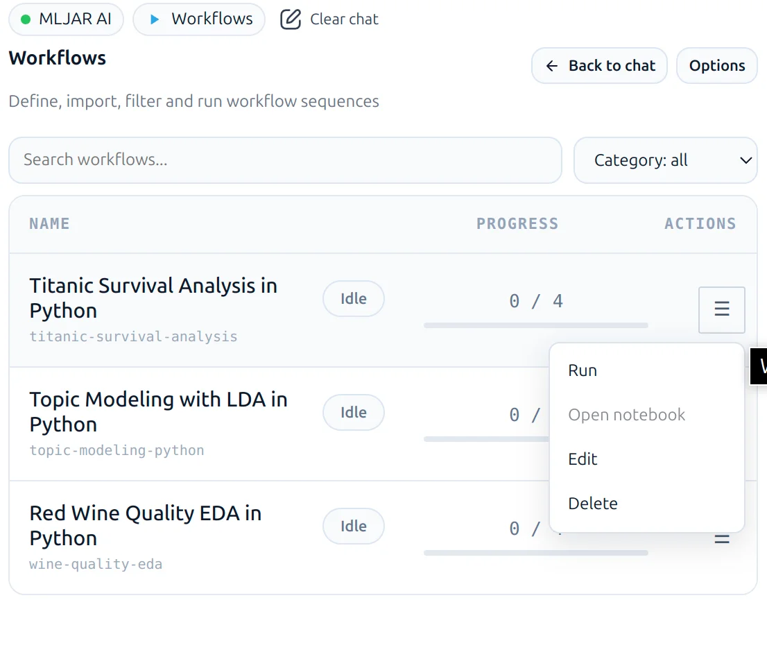 Single workflow actions in MLJAR Studio
