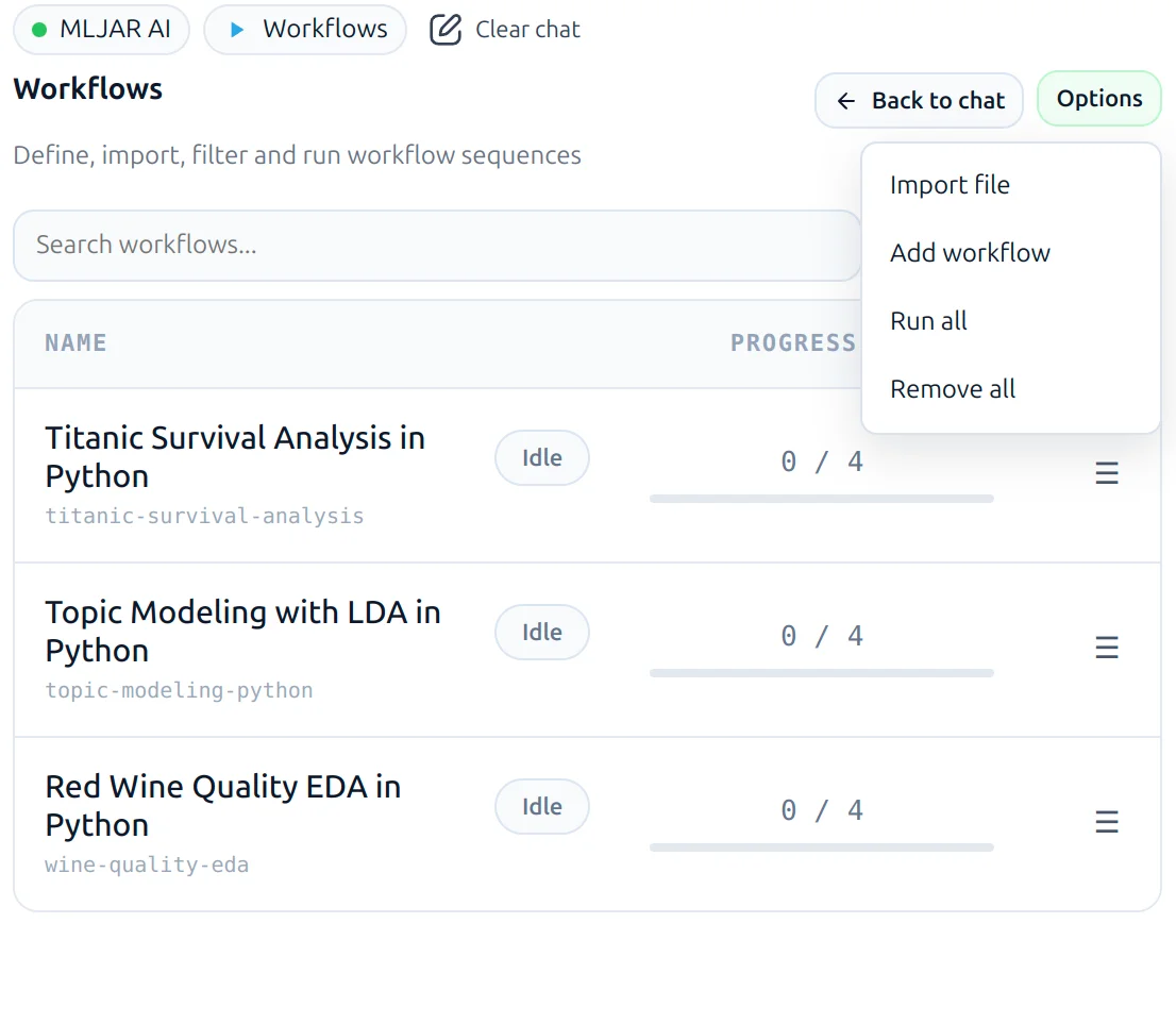 Workflows options menu in MLJAR Studio