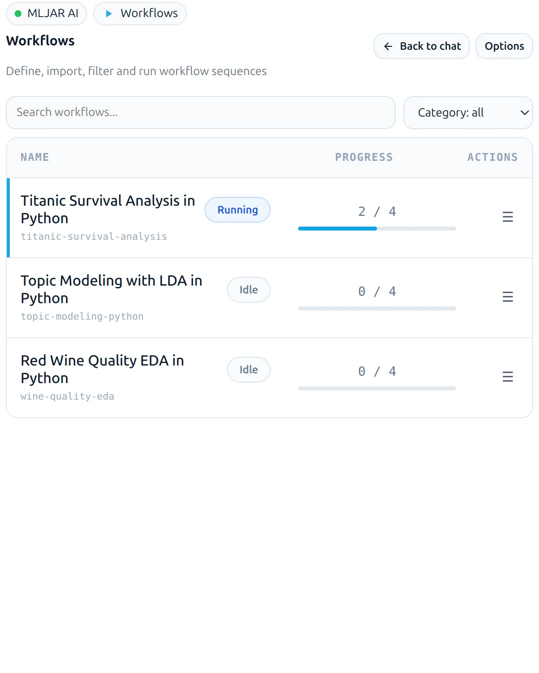 Workflows running in MLJAR Studio