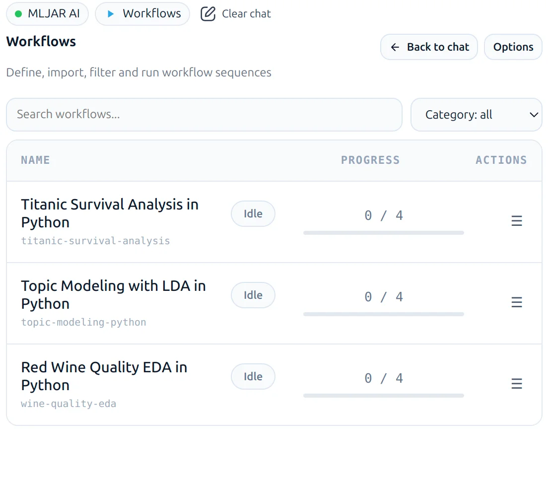 Search workflows in MLJAR Studio