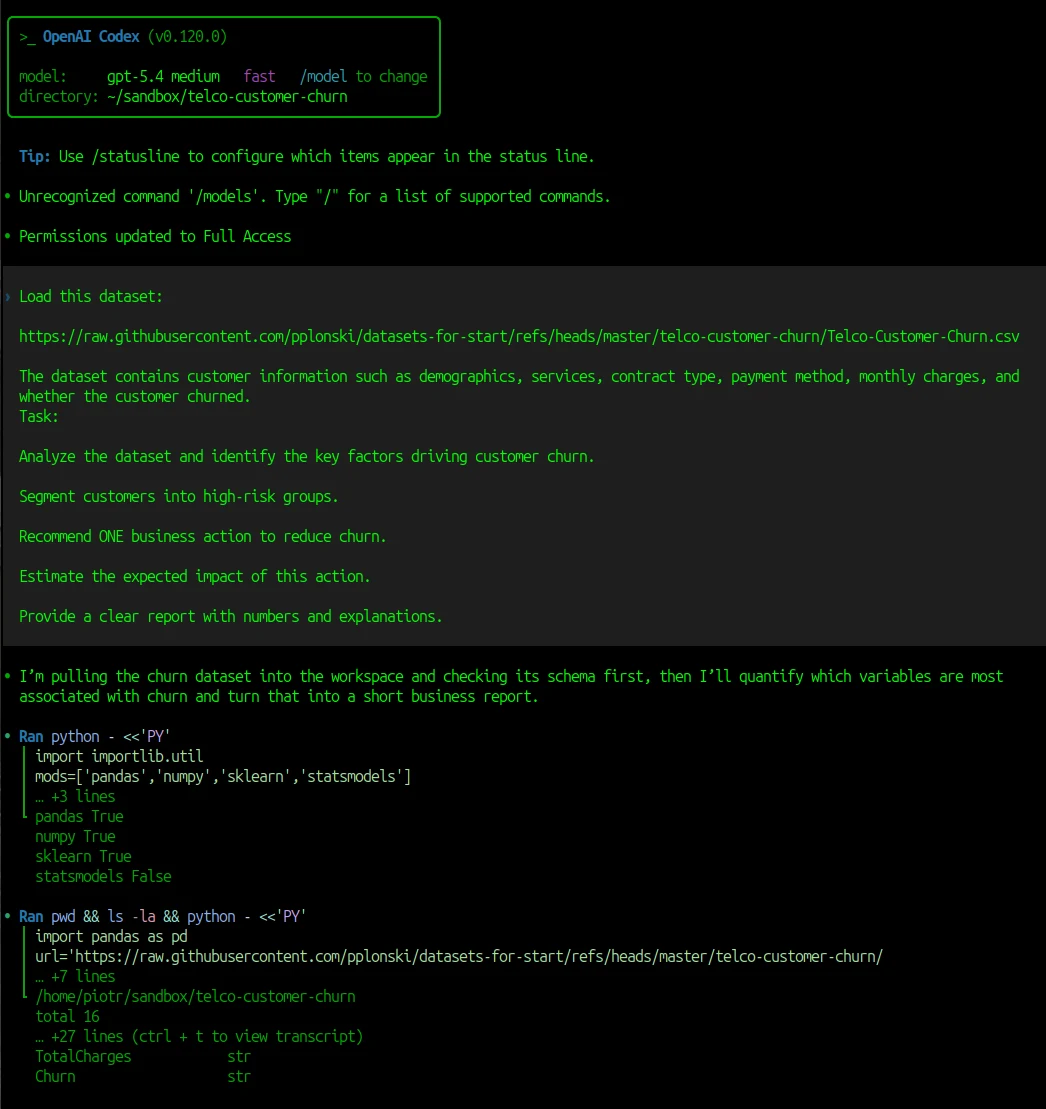 Prompt and task for AI churn analysis