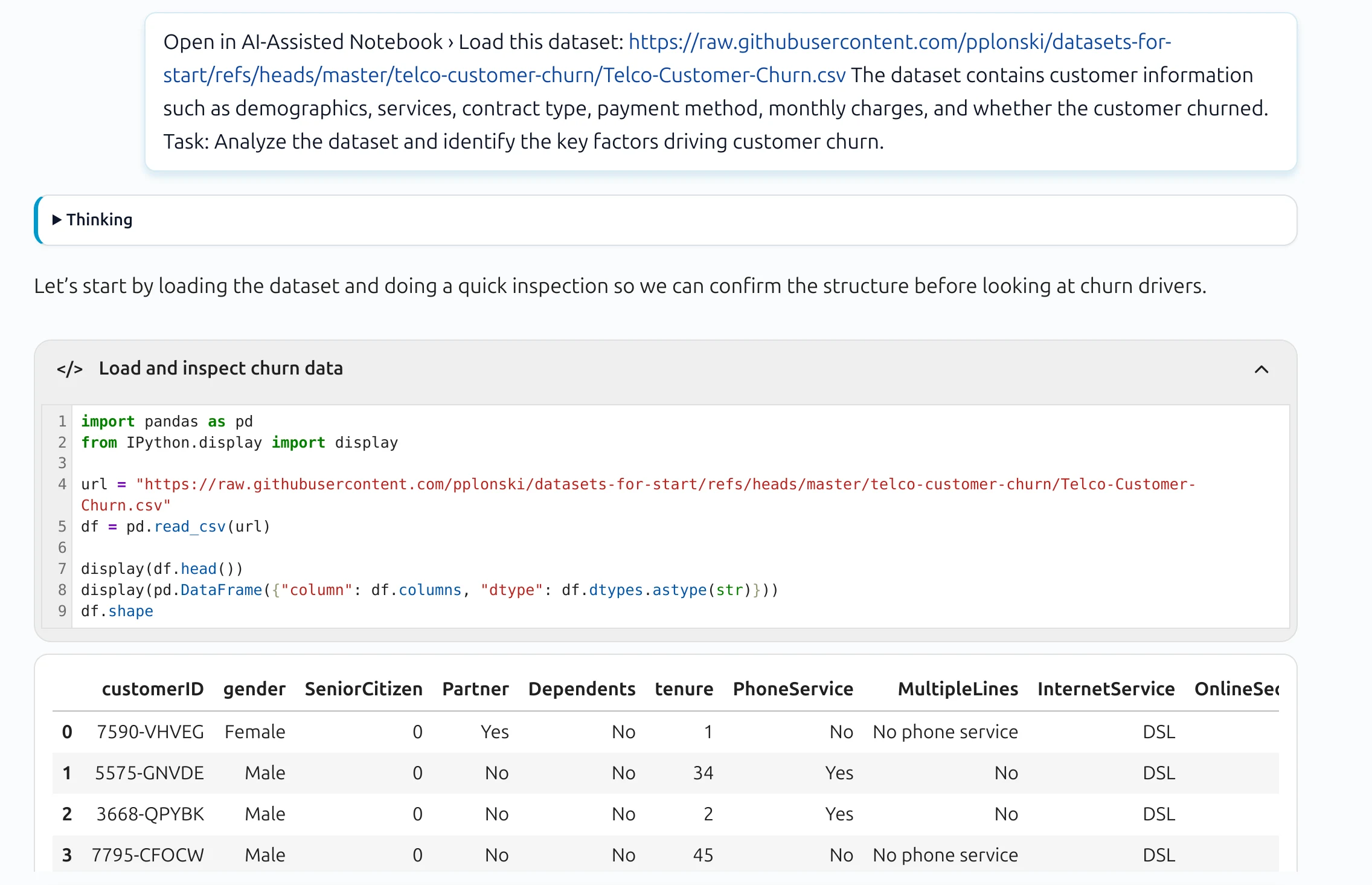 MLJAR Studio response with visible notebook workflow