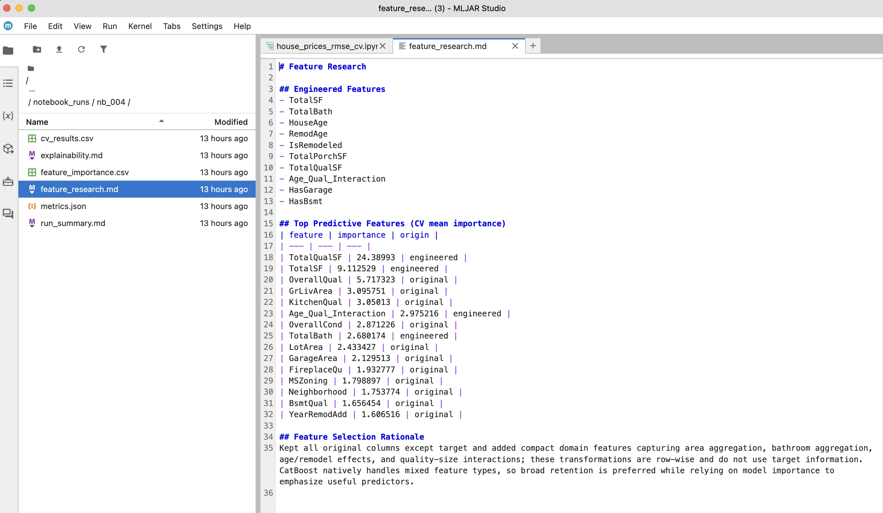 AutoLab artifacts for feature research and explainability