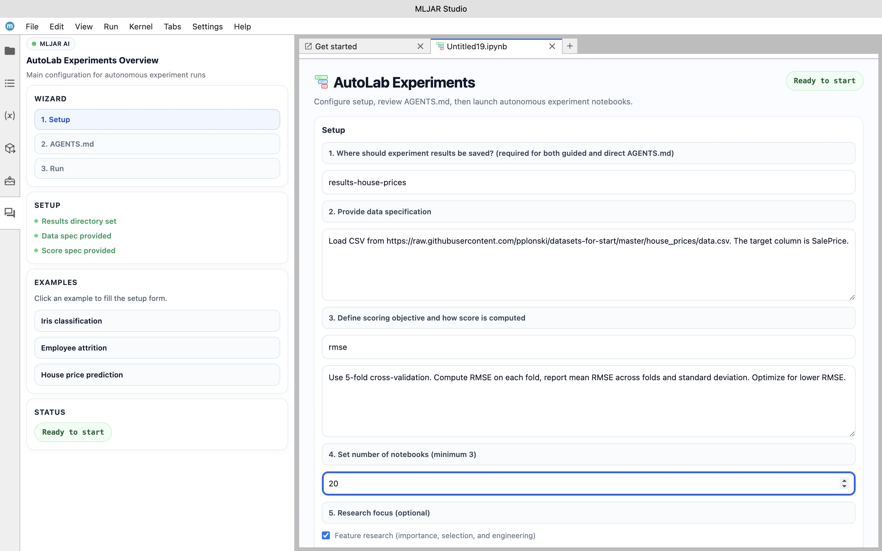 AutoLab setup form in MLJAR Studio