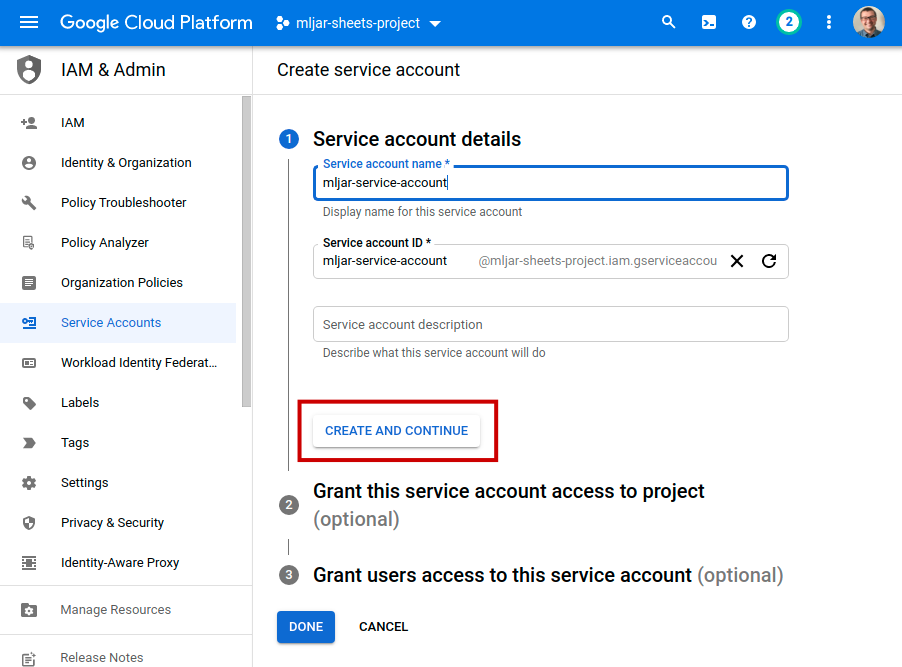 Create service account details 1