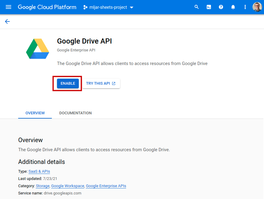 Enable Google Drive API