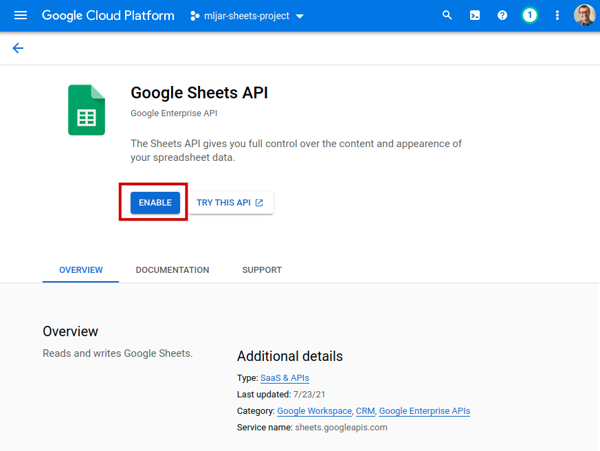 Enable Google Sheets API