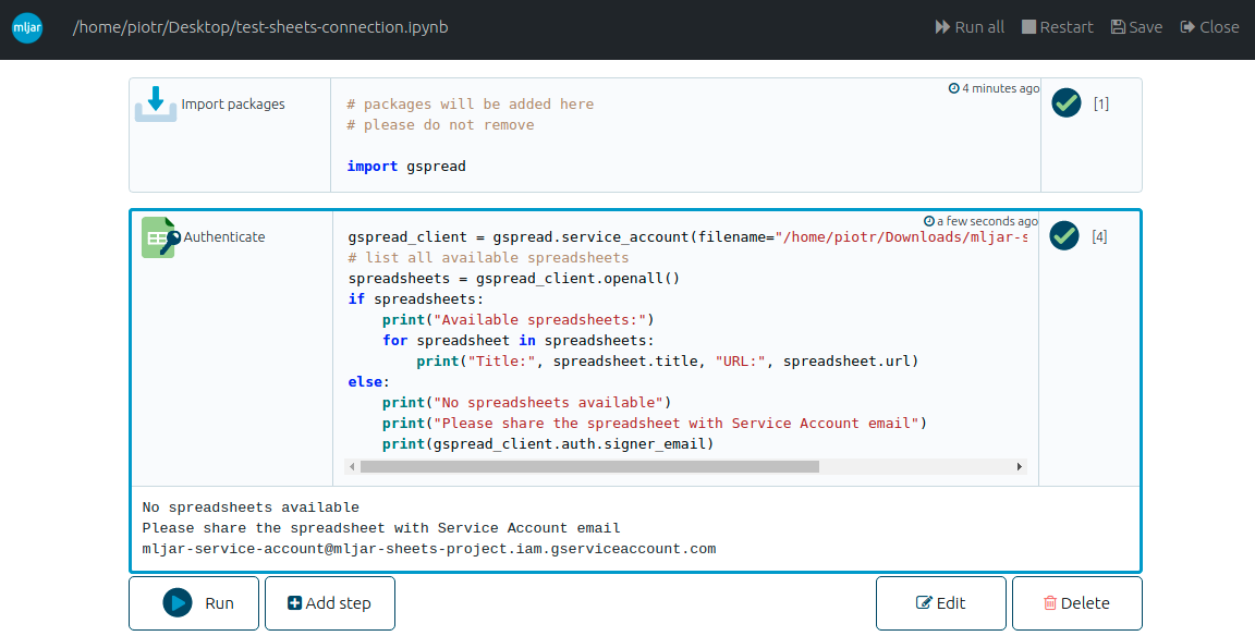 MLJAR Studio connects to Google Sheets