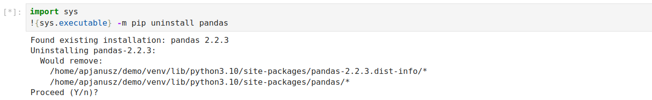 Wrong way to uninstall pandas in Jupyter Notebook.