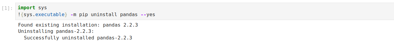 Uninstall pandas in Jupyter Notebook.