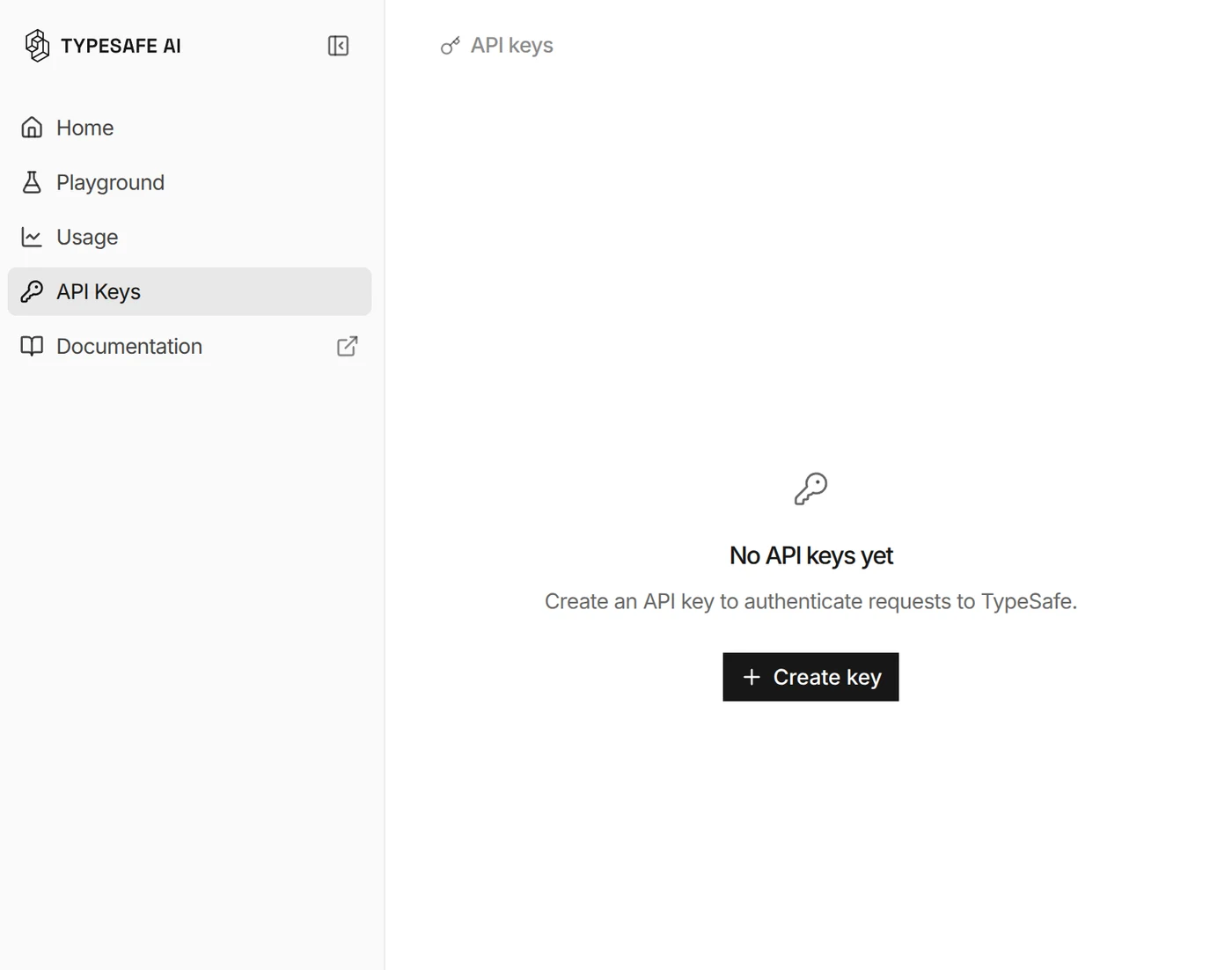 TypeSafe console API Keys page with no keys yet and a Create key button