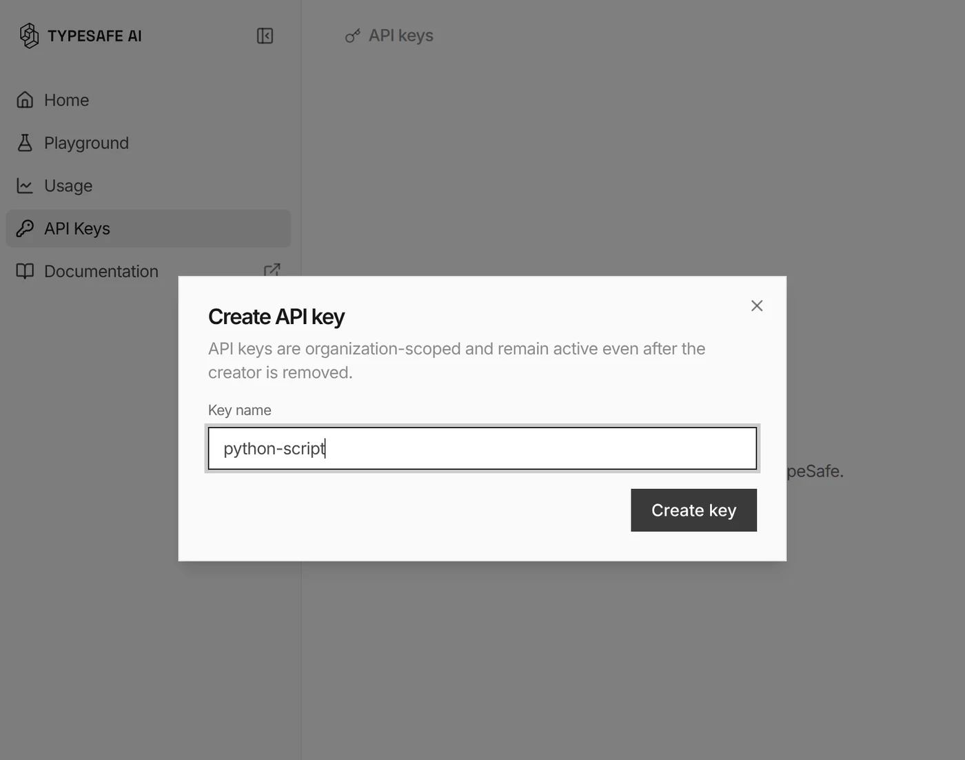 Create API key dialog in the TypeSafe console with python-script entered as the key name