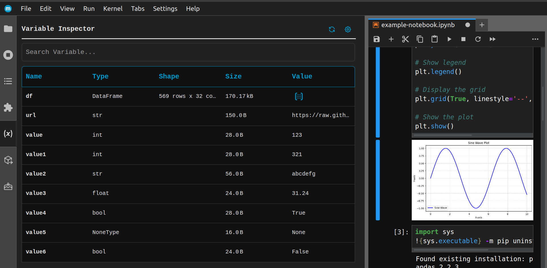 Variable Inspector - dark mode.