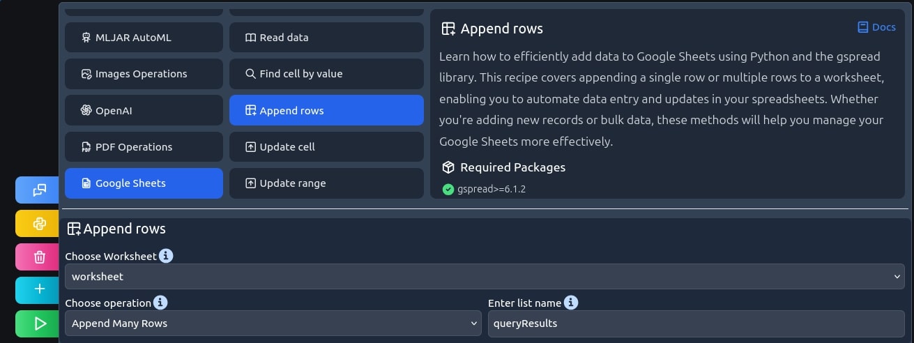 mljar studio screen cap, append rows recipe