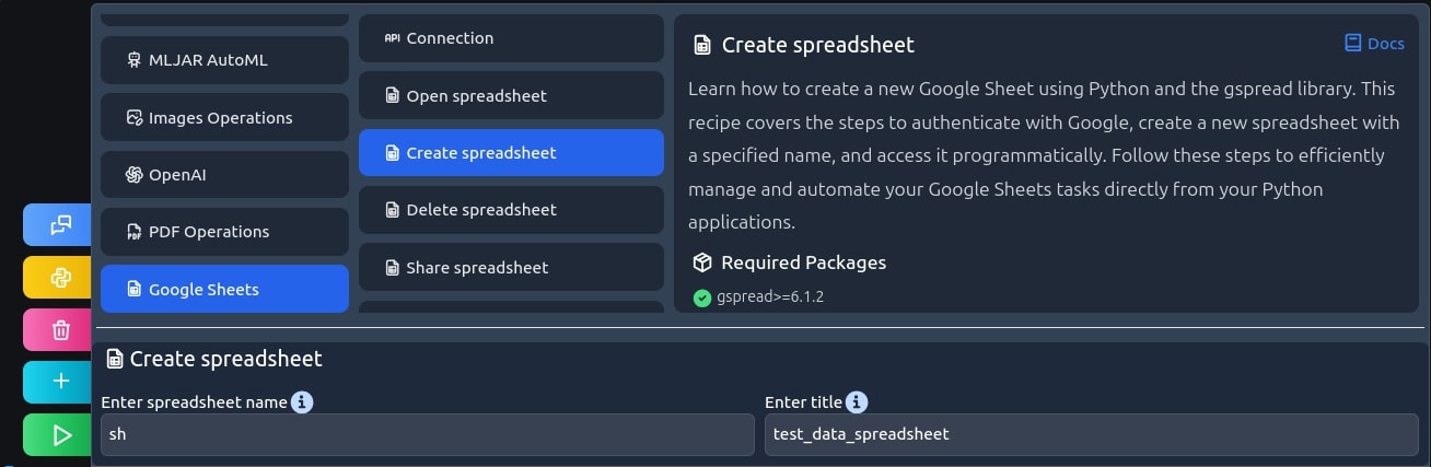 mljar studio screen cap, create spreadsheet recipe