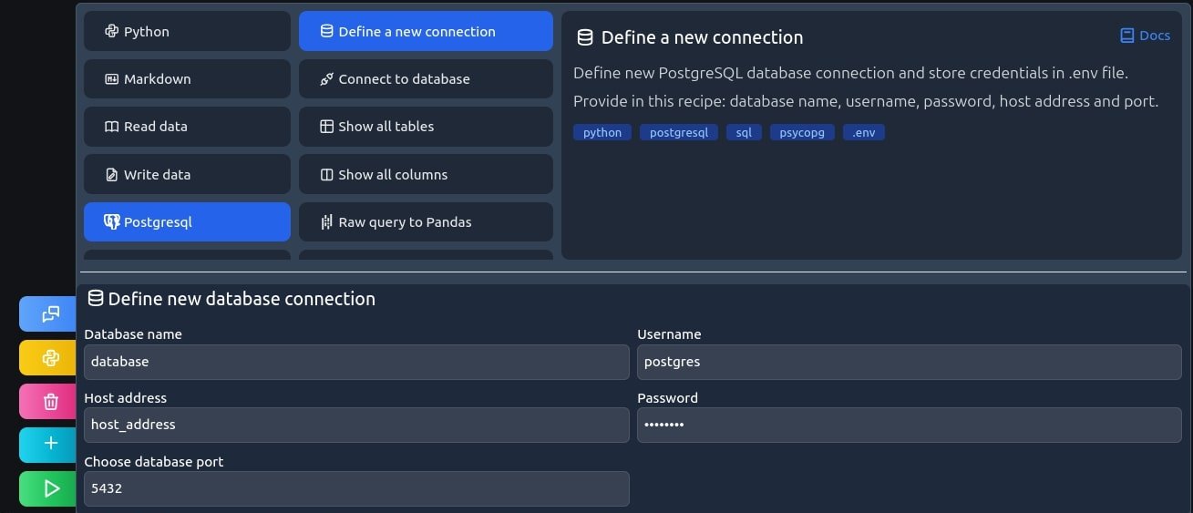 mljar studio screen cap, define new PostgreSQL connection recipe