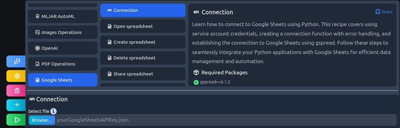 mljar studio screen cap, Google sheets connection recipe