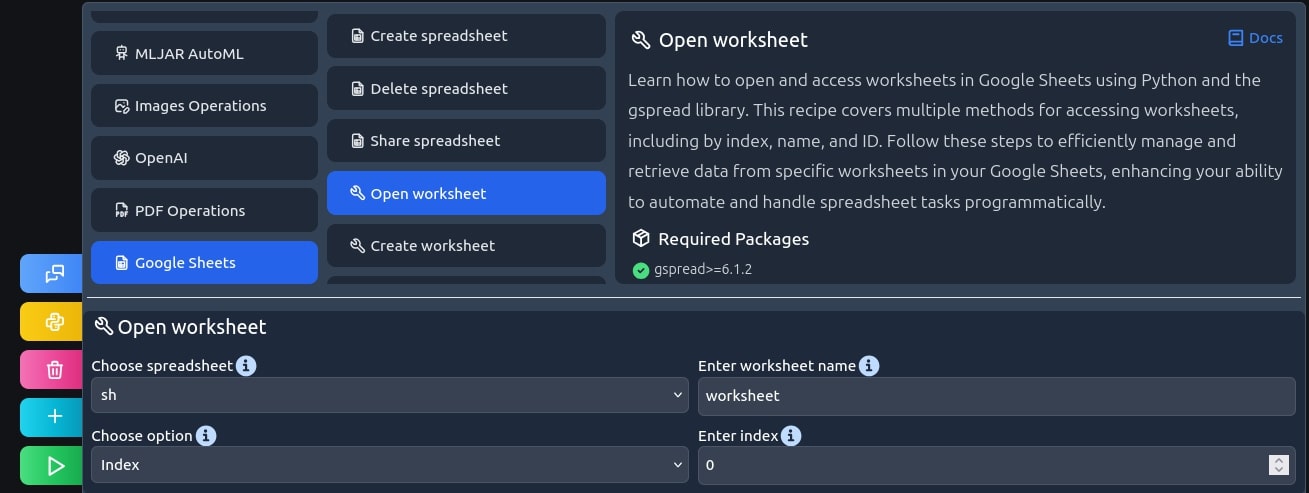 mljar studio screen cap, open worksheet recipe