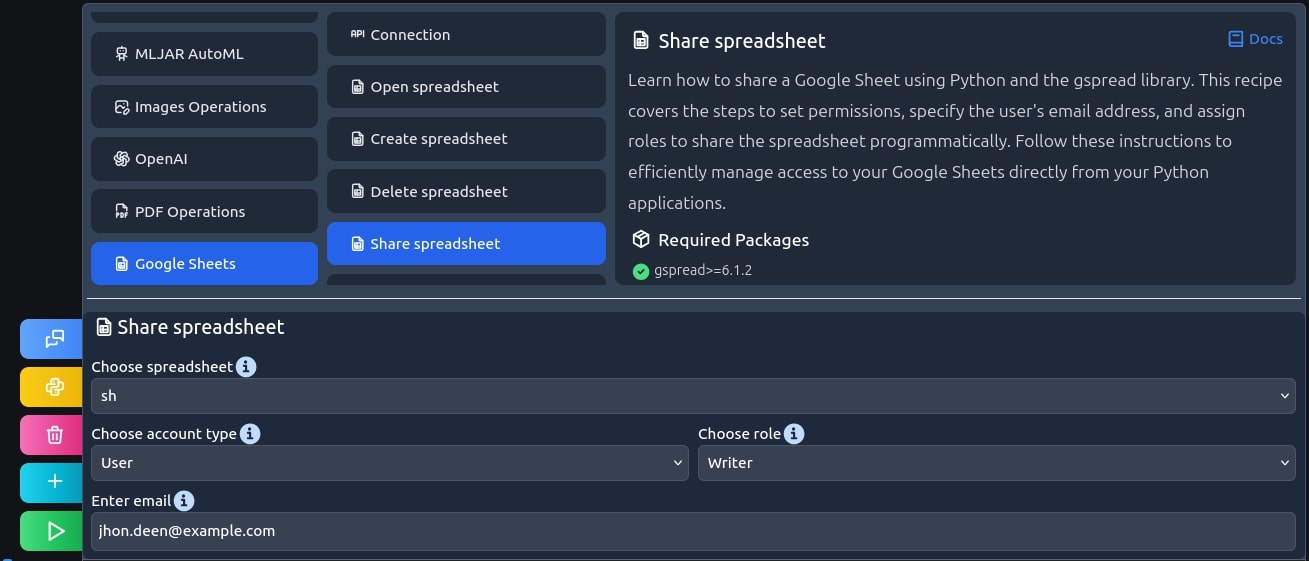 mljar studio screen cap, share spreadsheet recipe